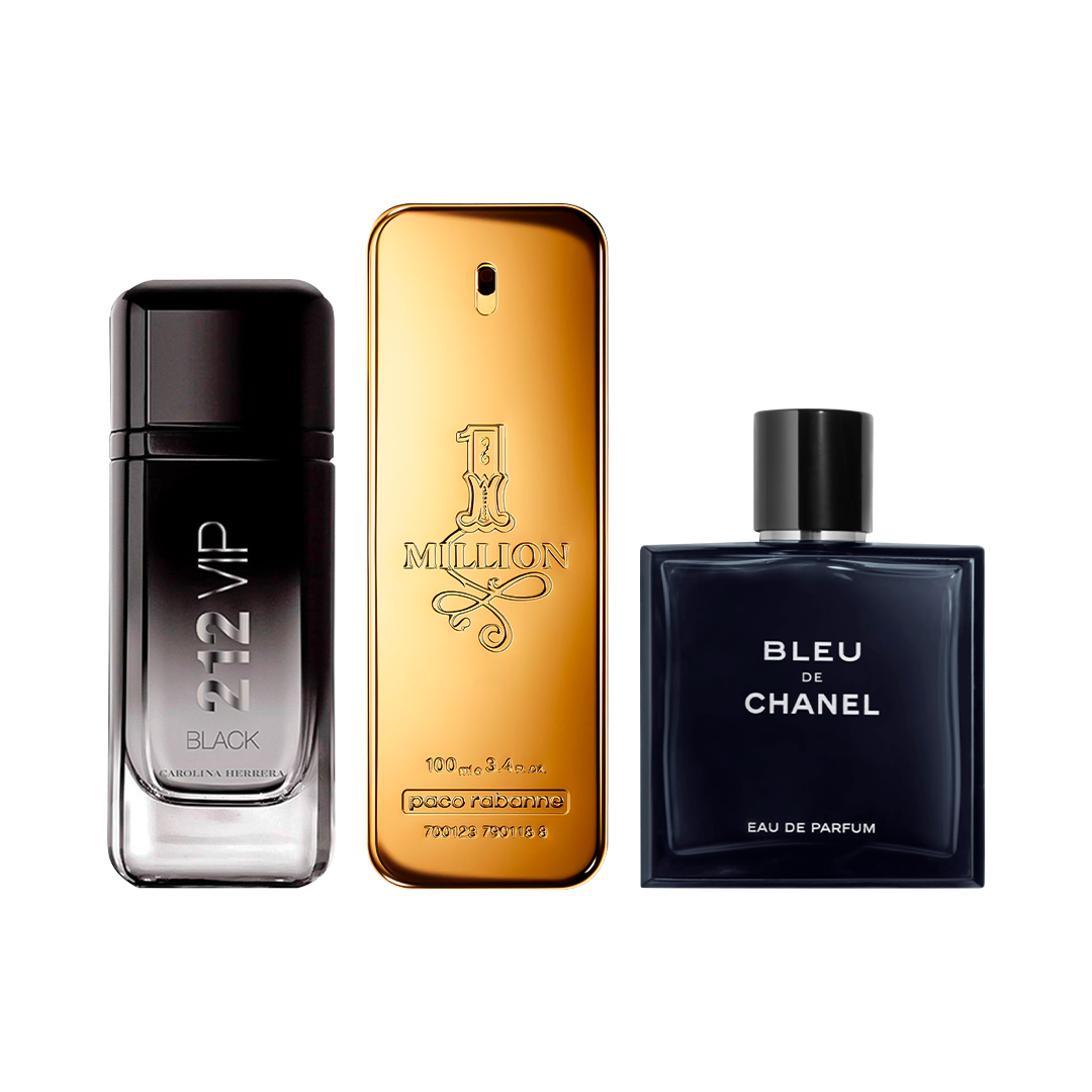 Combo de 3 Perfumes Masculinos - 1 Million, Bleu de Chanel e 212 VIP Black - 100ml