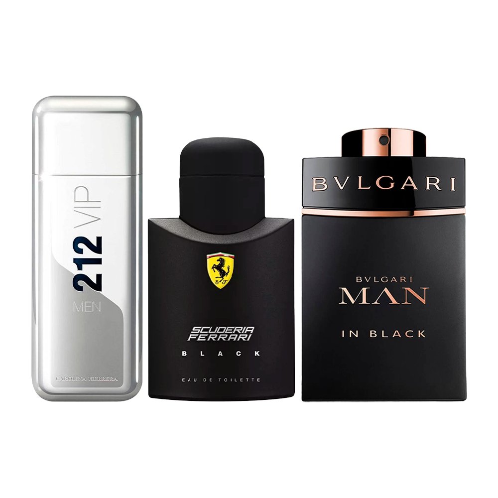 Combo de 3 Perfumes Masculinos - 212 VIP, Ferrari Black e Bvlgari In Black - 100ml