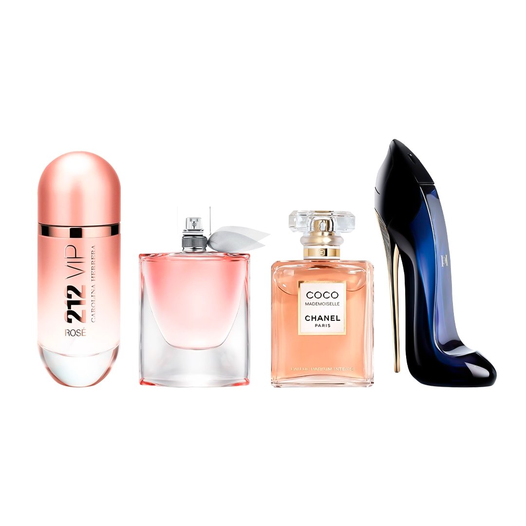 Combo de 4 Perfumes Femininos - 212 VIP Rosé, La Vie est Belle, Mademoiselle e Good Girl - 100ml