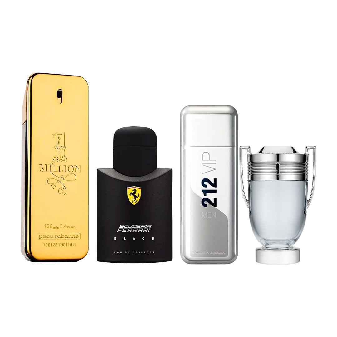 Combo de 4 Perfumes Masculinos - 1 Million, Ferrari Black, 212 VIP NYC e Invictus - 100ml