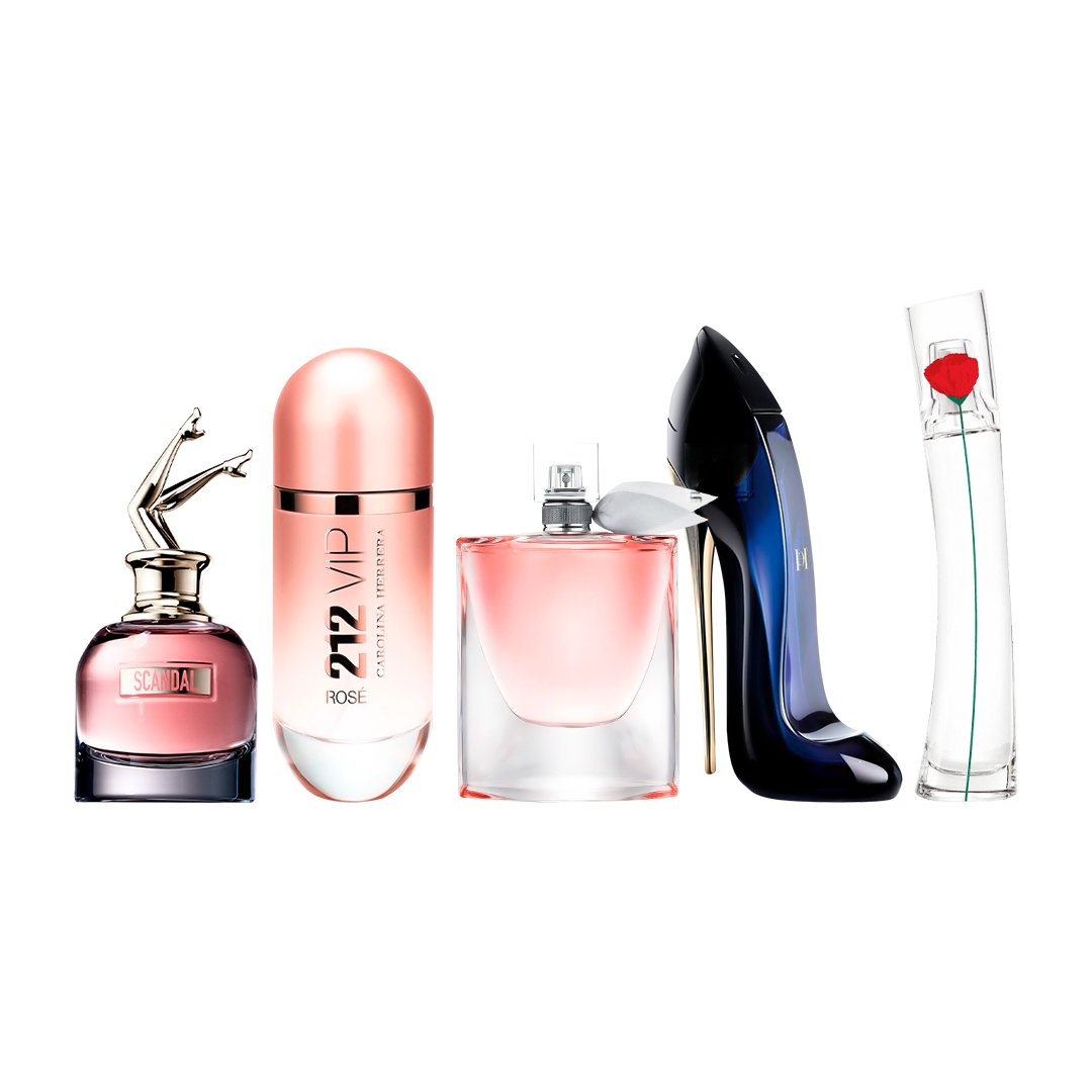 Combo de 5 Perfumes 100 ml Femininos - Scandal, 212 VIP Rosé, La Vie est Belle, Good Girl e Flower by Kenzo